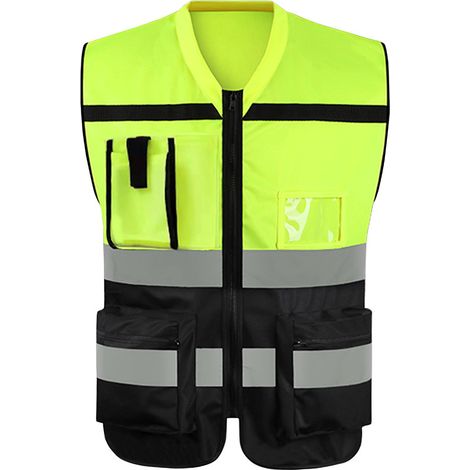 Gilet de sécurité réfléchissant multifonctionnel et ajustable en tissu tricoté chaîne haute visibilité, jaune et noir, taille XL