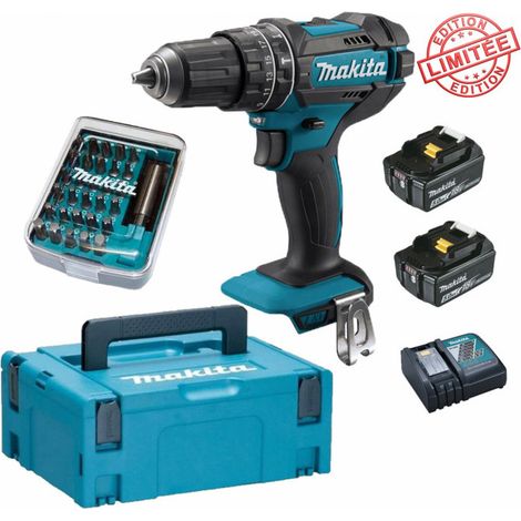 Perceuse visseuse à percussion Makita 18V 62Nm DHP482 + 2 batt 5 Ah + 30 embouts de vissage + porte-embout magnétique