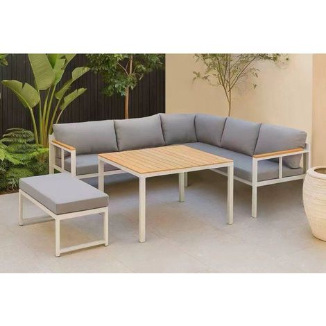 Salon de jardin d'angle 6 personnes - Aluminium - BAIA - canapé d'angle + 1 banc + table haute - Gris (1/5)