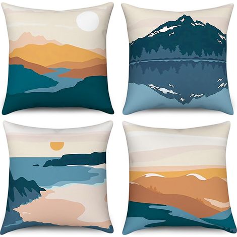 Boho-Kissenbezug, 50 x 50 cm, 4er-Set, abstrakter Berg, Sonnenuntergang, Sonnenaufgang, dekorativer Kissenbezug, Mid-Century Modern, Naturlandschaft, Kunst, Leinen-Kissenbezug für Heimdekoration