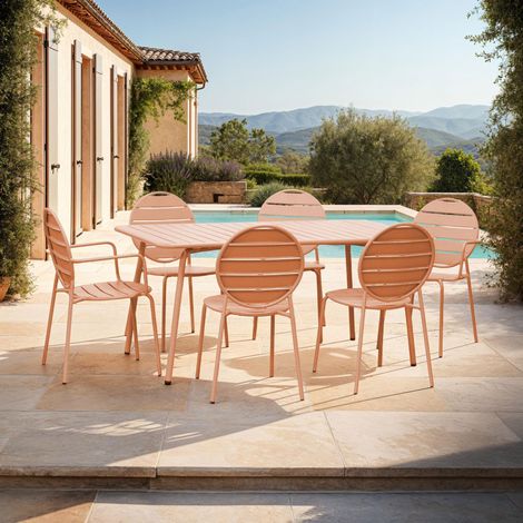 Table + 4 chaises + 2 fauteuils ronds en métal terracotta - BACA