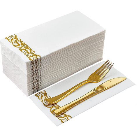 Lot de 50 serviettes jetables décoratives en papier pour salle de bain, cuisine, fêtes, mariages, anniversaires, dîners ou événements - 30 x 43 cm - Doré (1/5)