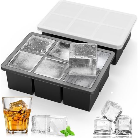 Set mit 2 großen XXL-Eiswürfelformen aus Silikon mit Deckel – 6 Fächer – BPA-frei – Für gekühlte Getränke, Whisky und Cocktails (1/5)