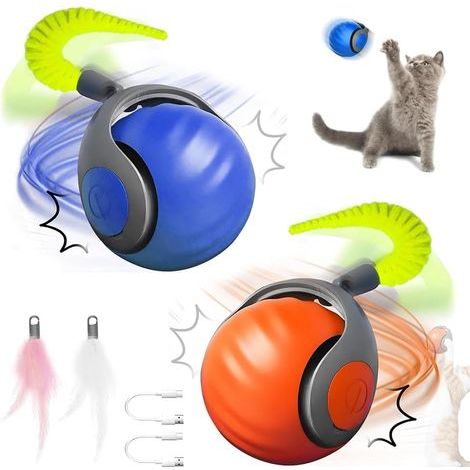 Balle de jeu interactive avec queue pour chat, 2 pièces, balle de jeu interactive pour chat, jouet pour chat, balle électrique, interactive, 360 °, balle intelligente pour chats et chiens