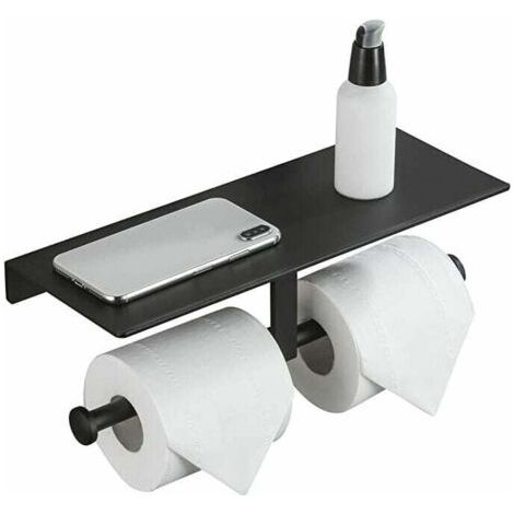 Porte Rouleau de Papier Toilette Hygiénique sans Perçage avec Etagère de Téléphone Portable Support Mural Double pour Salle de Bains (Noir) (1/4)