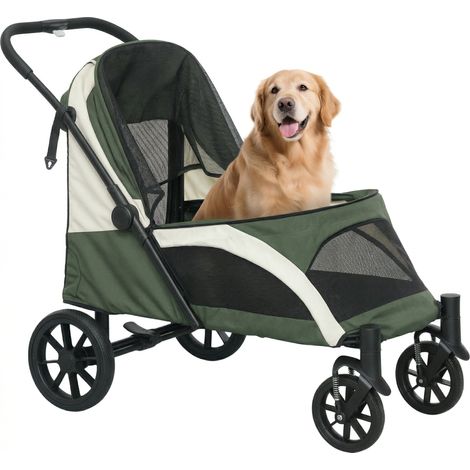Hundewagen, Faltbarer Hundebuggy für große Hunde, Haustierwagen mit 4 Rädern, Sicherheitsleinen, Bremsen, Dunkelgrün
