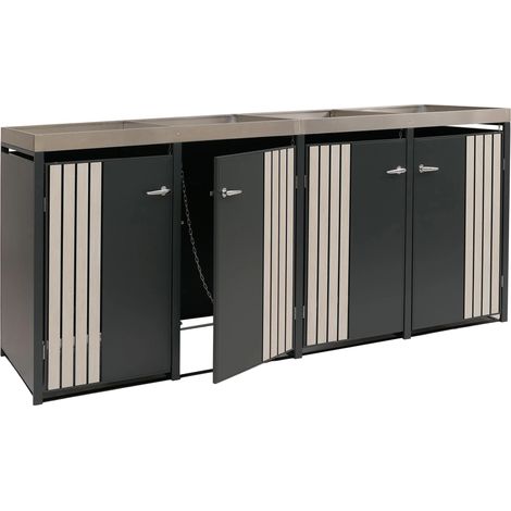 Riparo per 4 bidoni con vassoio per piante contenitore per bidoni 125 x 260 x 84 cm metallo antracite con effetto legno chiaro 040009314