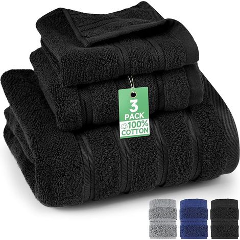 Lot de serviettes en coton éponge 70 x 140 cm + serviette 35 x 75 cm + serviette de visage 35 x 35 cm en 100 % coton pour salle de bain, sauna et invités (noir) (1/5)
