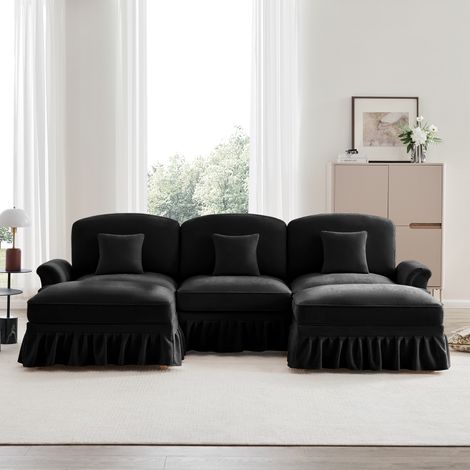 Modulares 3-Sitzer-U-Sofa, Chenille-Stoff, Mid-Century-Modern-Stil, Rüschenrock und abnehmbare Fußstütze, Länge 272 cm, Schwarz