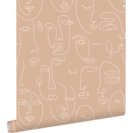 papier peint visages Line Art rose pêche et blanc  - ESTAhome (1/5)