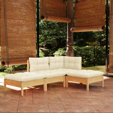 Salon de jardin 4 pcs avec coussins crème Bois de pin massif (1/5)