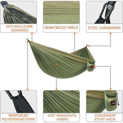 Hamac de Camping avec Sangles d'Arbre et Mousquetons Toile de Hamac Portable et Léger en Toile de Parachute pour Jardin Voyage Randonnée Camping Extérieur