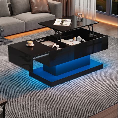 Tavolino rialzabile 100x50x45 cm con LED e vano portaoggetti, in truciolare, nero (1/5)