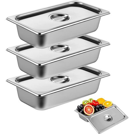Lot de 3 bols à paner - 32,5 x 17,5 x 6,5 cm - En acier inoxydable GN 1/3 - Récipient gastronorme en acier inoxydable avec couvercle - Plaque rectangulaire en métal - Kit de panure pour côtelettes (1/5)