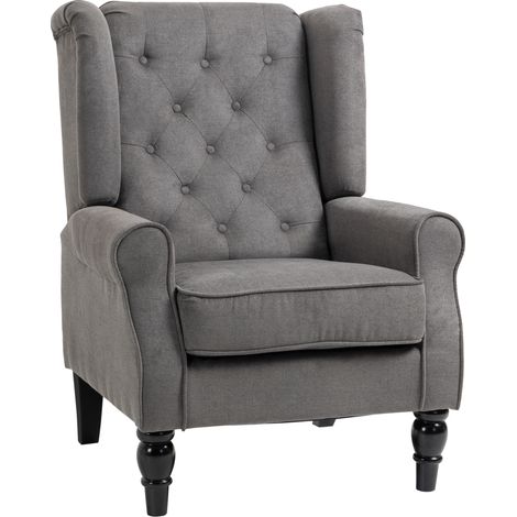 Sillón orejero relax tapizado en poliéster gris oscuro con patas de madera 74 x 86 x 102 cm (1/5)