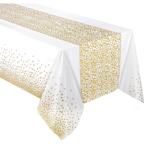 Confezione da 4 tovaglie impermeabili per feste da 137x274 cm, tovaglia bianca riutilizzabile, tovaglia a pois dorati, copritavolo, tovaglia rettangolare in plastica per matrimoni, compleanni, Natale (1/5)