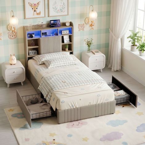 Einzelbett 90x200 cm aus Leinenstoff, Polsterbett mit Stauraum-Kopfteil, LED-Beleuchtung und USB/Typ-C-Anschlüssen, Lattenrost inklusive - Beige