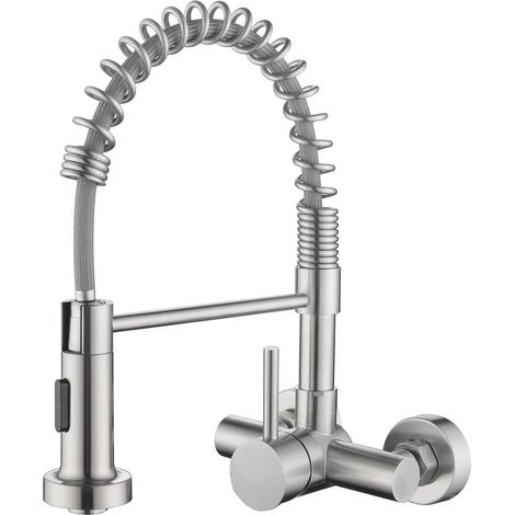 Robinet de Cuisine Mural avec Bec Flexible, Mitigeur Evier avec 2 Types de Jet, Robinetterie eau Chaude et Froide Rotatif à 360°, Acier Inoxydable SUS304, Mousseur Démontable, Brossé (1/5)