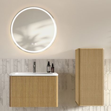 Ensemble meuble de salle de bain avec lavabo et miroir LED 60 cm, suspendu, couleur chêne (1/5)