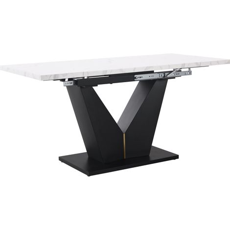 Mesa de comedor extensible 99-159 x 75 x 75 cm, MDF efecto mármol, estructura en V, blanca (1/5)