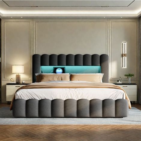 Bett mit Truhe 160x200 cm mit Lattenrost, Doppelbett mit Knopfheftung und LED, Bettgestell 160x200 cm, Stauraumtruhe, Leinenstoff, Grau