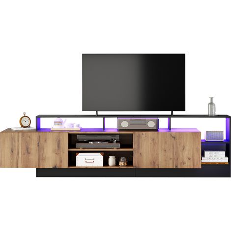 Meuble TV moderne pour téléviseurs jusqu’à 70 pouces, espace de rangement ouvert avec éclairage LED, adapté au salon et à la chambre, finition bois naturel avec cadre noir (1/5)