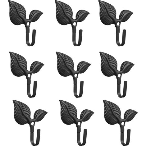 Lot de 12 Crochets Muraux Décoratifs en Fer Forgé Noir, Feuille Rétro Rustiques, Porte-serviettes et Porte-manteaux pour Salle Bain Entrée, Support Mural -