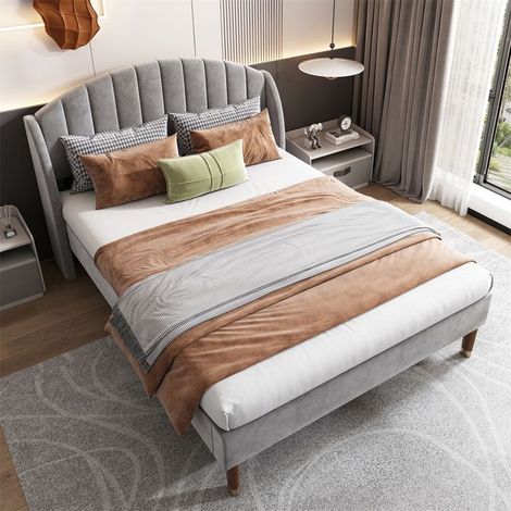 Lit rembourré 160x200 cm velours gris avec sommier à lattes et tête de lit - 2 places, sans matelas