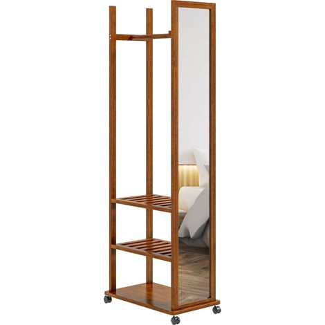 Miroir 2 en 1 avec fonction vestiaire, tringle à vêtements et trois étagères pratiques. Ce miroir pleine longueur en bois naturel optimise le rangement et convient parfaitement à l’entrée, la chambre (1/5)