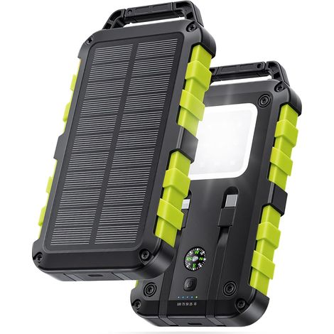 Batterie Externe Solaire 10000mAh Charge Rapide PD 22,5W Étanche IPX6, 3 Ports de Sortie, Lampe LED 3 Modes, Boussole, 2 Câbles Intégrés USB-C et Lightning pour Extérieur Camping, Vert (1/5)