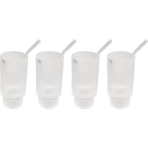 Set de 4 Verres Vintage Hauteur 16oz, Verres à Café Empilables avec Grain Vertical, Idéals pour Jus, Bière et Café Glacé, Inclus 4 Pailles en Verre (1/5)