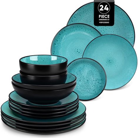 Service de Table pour 6 Personnes, Service Vaisselle 24 Pièces en Grès - 6 Assiettes Plates, 6 Assiettes à Dessert, 6 Assiettes Creuses et 6 Bols - Glaçure Vert, Compatible Micro-Ondes (1/5)
