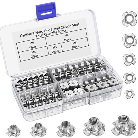 royaluxe-90pcs acier au carbone M3 / M4 / M5 / M6 / M8 quatre broches T-écrous, inserts aveugles écrou pour meubles en bois