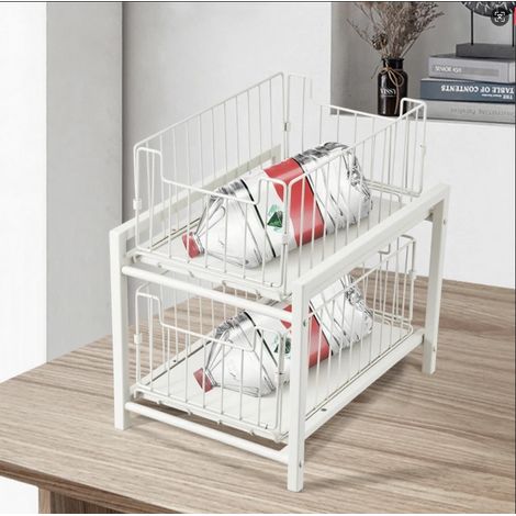 Under Sink Storage 2-Tier Pull-Out Sliding Basket Cupboard Storage Organiser Detachable Metal Organizer for Kitchen Storages & Bathroom Cupboard (White) (1/4)