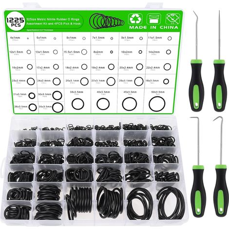 1225 PCS Joints Toriques Kit,32 Tailles O-Ring Joints Assortiment en Caoutchouc, joint pour robinet, Anneaux d'étanchéité Pour Véhicule Climatisation, Electroménagers,avec 4 Pick (1/5)