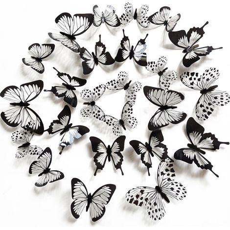 24 Pcs Papillon Décoration Murale Autocollant Paillettes Amovible 3D Murale Papillon Décor à La Maison Salon Chambre Sticker Fête D'anniversaire De Mariage avec De Colle Noir Blanc (1/5)