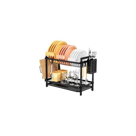 Cesta escurridora de fregadero de 2 niveles – Metal negro resistente a la corrosión – Bandeja de goteo extraíble – Soporte para tabla de cortar y cubiertos – Crezuo