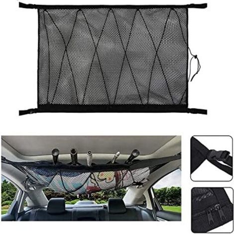 Autodach-Aufbewahrungsnetz, multifunktionaler Organizer mit Reißverschluss, universelle Auto-Gepäcktasche für vier Dacharmlehnen für SUV, Van (Kordelzug) (1/4)