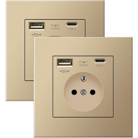 Lot de 2 prises murales avec USB et Type-C, 5V 2.1A, prise USB encastrée standard UE, multiprise France, 110-250V (doré) (1/5)
