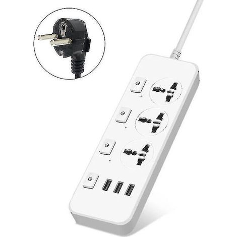 Steckdosenleiste 5V 2,1A Überspannungsschutz mit 3 Steckdosen und 3 USB-Anschlüssen (US/UK/EU)