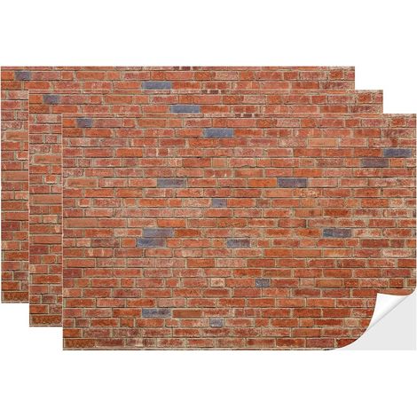 Lot de 3 feuilles de papier peint pour maison de poupée - 1:12 - Revêtement mural autocollant - Revêtement mural en briques rouges - Aspect pierre rouge - 21 x 30 cm (1/5)