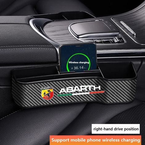 Organisateur de siège en fibre de carbone avec porte-gobelet et chargeur sans fil (recharge sans fil) pour Fiat Abarth 595, 500 et 124 Spider. (1/5)