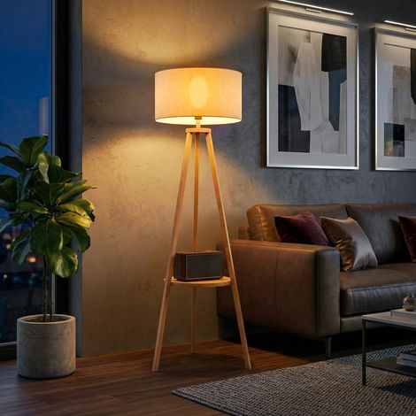 Lámpara de Pie Tipo Trípode avec Estructura de Madera Natural y Pantalla de Tela beige avec Estante Integrado 50x50x154 cm (1/5)