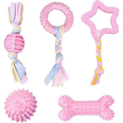 Set mit 5 Kauspielzeugen für Hunde und Welpen, Beißspielzeuge aus buntem Gummi und Seilen, bissfest, interaktiv für kleine und mittelgroße Hunde (1/4)