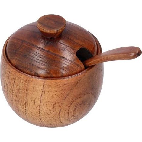 Couvercle en bois avec cuillère pour pot à épices ménager - Récipient à sel en bois pour cuisine maison et restaurant (1/5)
