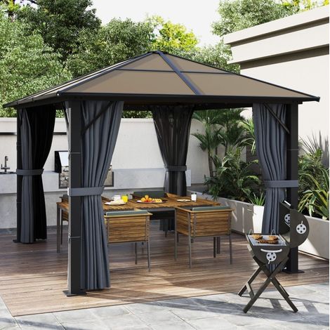 Pavillon 3x3 m mit Polycarbonatdach Vorhängen grau OKMYHOME (1/3)