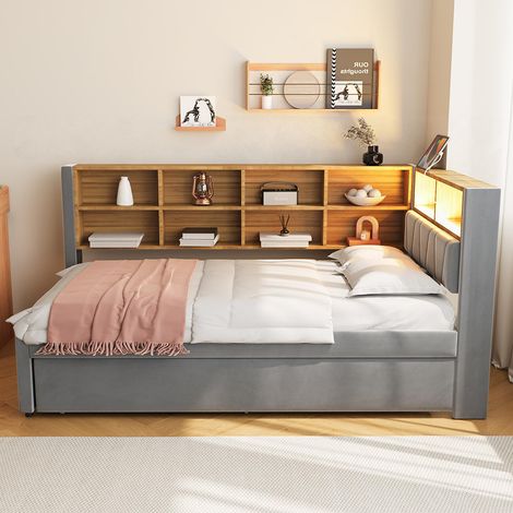 Canapé-lit 90200, lit escamotable 90190 avec éclairage LED, prises de courant et multiples compartiments de rangement, flanelle, gris foncé (1/5)