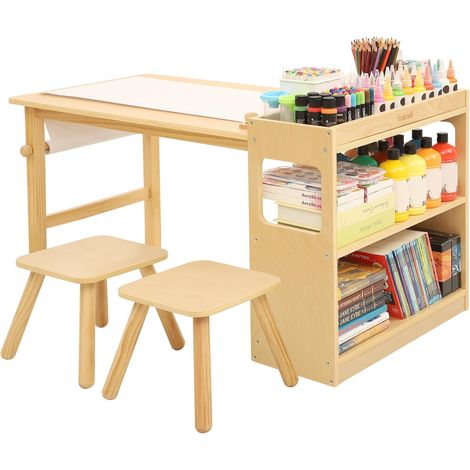 Table d'art pour Enfants avec 2 chaises et Papier en Rouleau - Table en Bois spacieuse avec étagères de Rangement pour Le Dessin, Les activités et l'étude, idéale pour Les Jeux créatifs. (1/5)