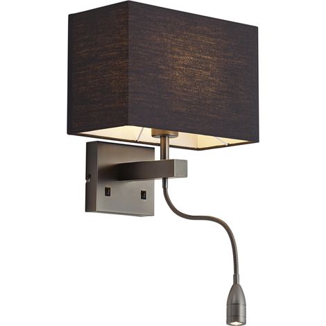 QAZQA Modern Gunmetal Wall Lamp with Black Shade and Reading Arm