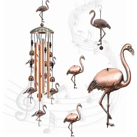 Carillon Flamant Rose Rétro Métal 90cm avec 4 tubes en aluminium pour jardin et balcon